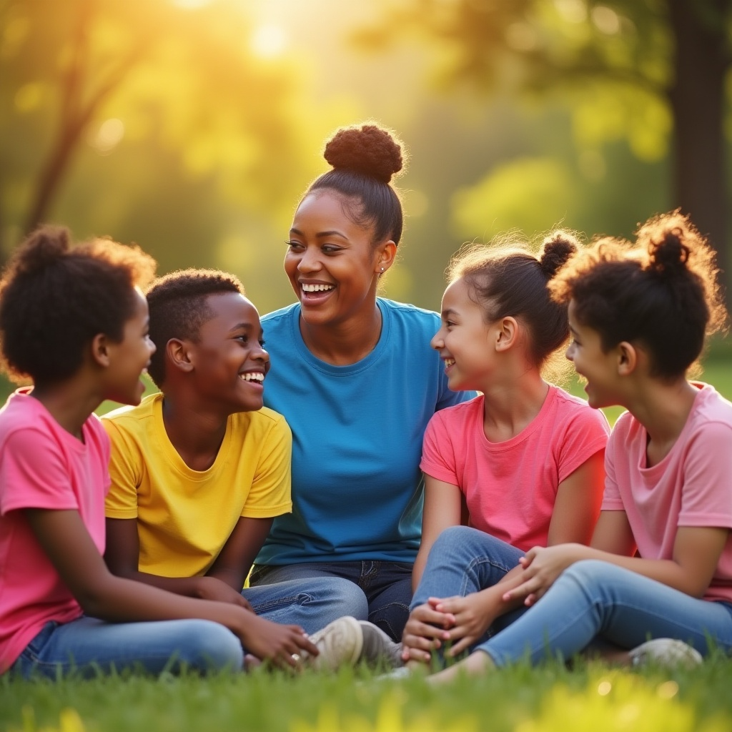 A diverse group of teenagers and a support worker laughing together in a sun-drenched park.